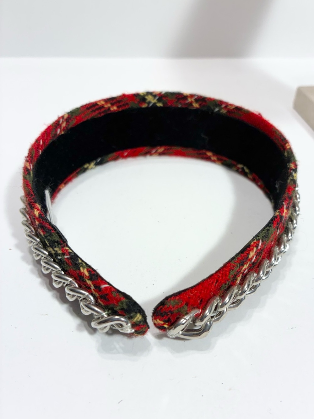 Red Plaid Wide Headband w/ Chunky Silver Chain Detail, Black Velvet Lining - Picture 5 of 7